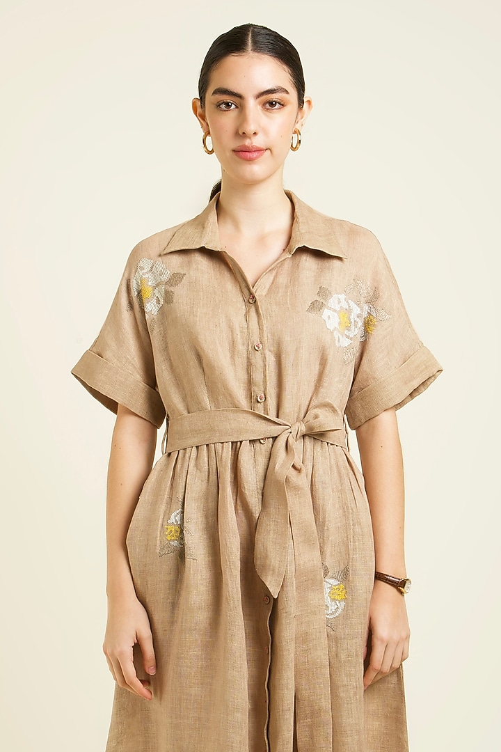 Beige Gauze Linen Machine Embroidered Vacation Dress With Belt by Arcvsh by Pallavi Singh at Pernia's Pop Up Shop