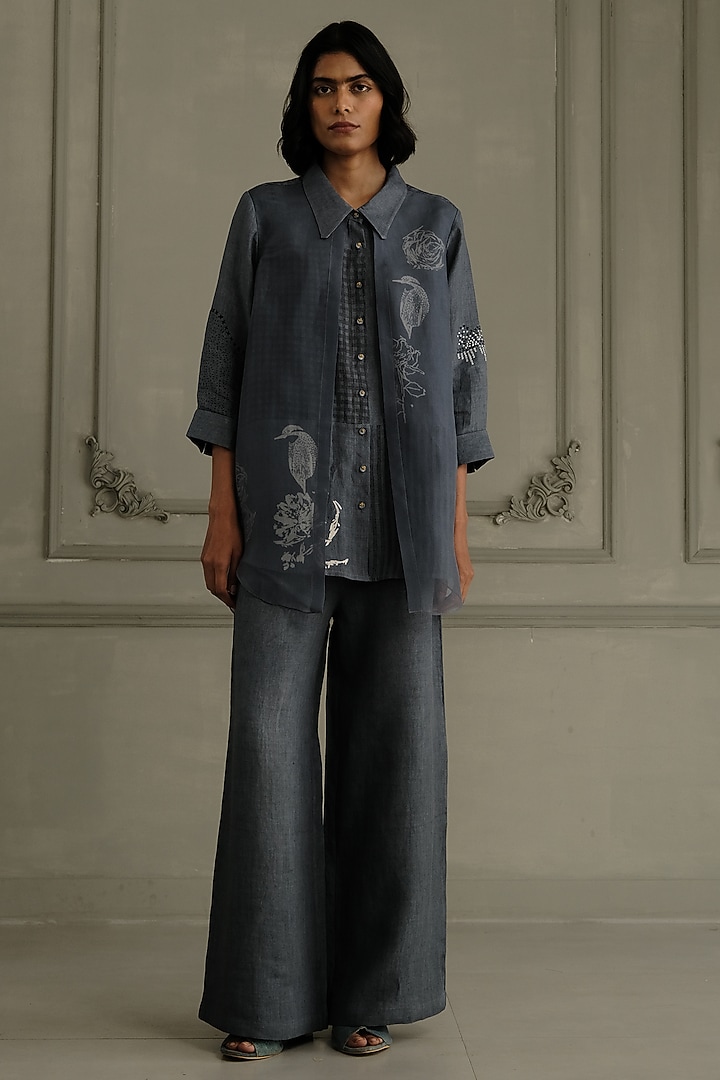 Stone Blue Linen Embroidered & Printed Co-Ord Set by Arcvsh by Pallavi Singh at Pernia's Pop Up Shop