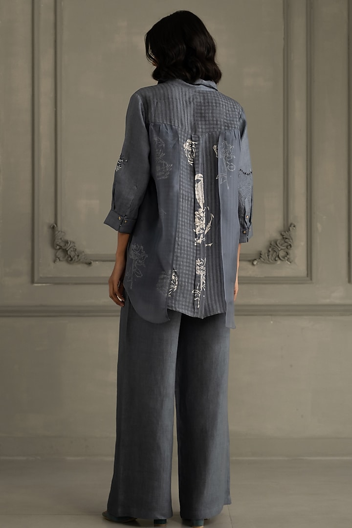 Stone Blue Linen Embroidered & Printed Co-Ord Set by Arcvsh by Pallavi Singh at Pernia's Pop Up Shop