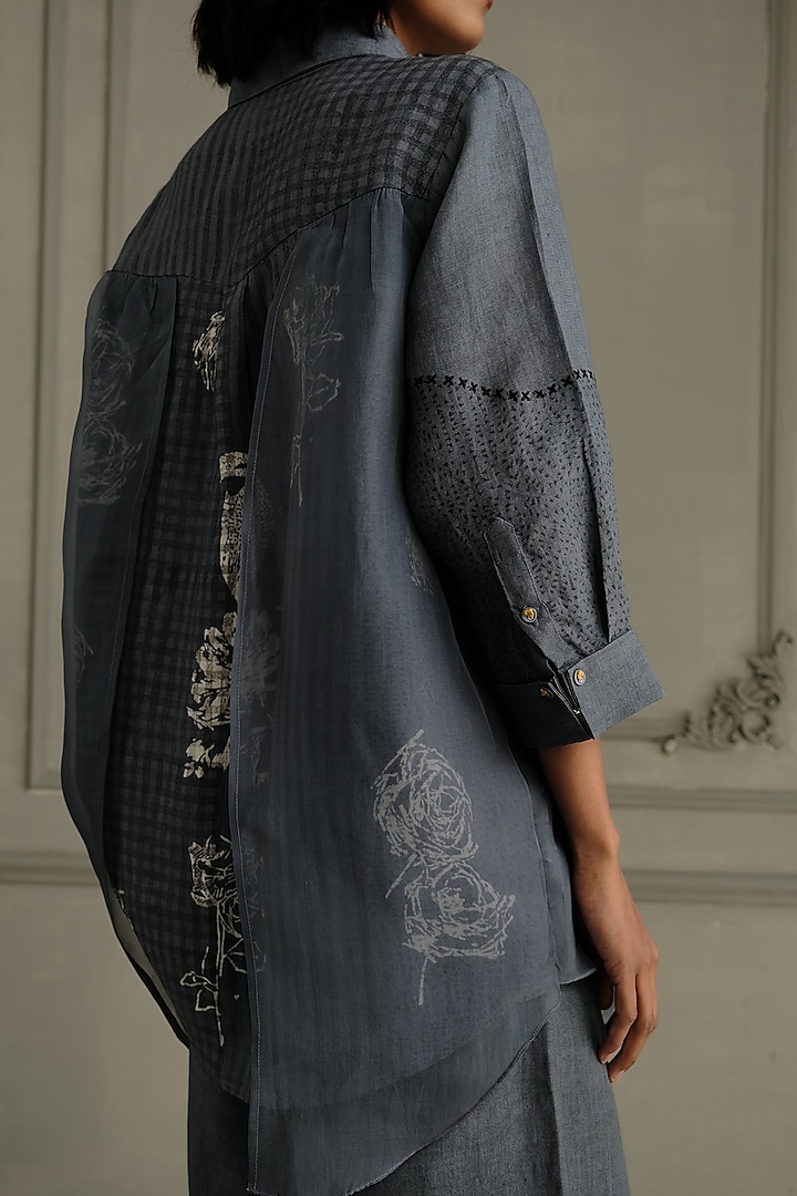 Stone Blue Linen Embroidered & Printed Co-Ord Set by Arcvsh by Pallavi Singh at Pernia's Pop Up Shop
