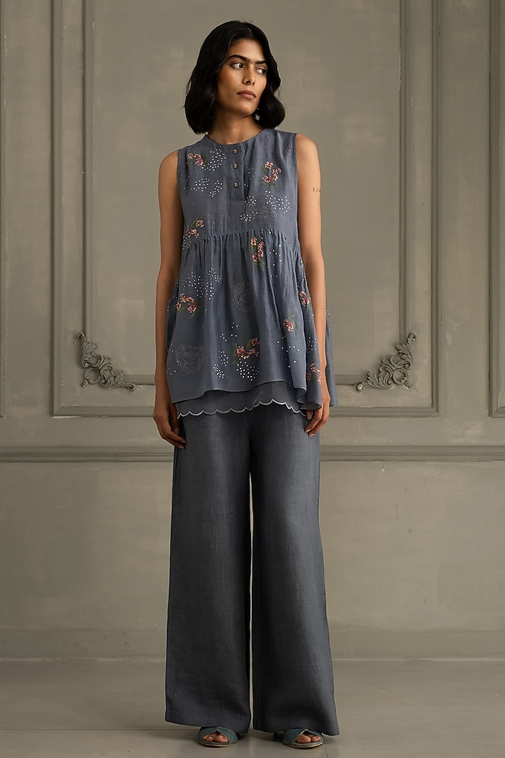 Stone Blue Linen Embroidered & Printed Co-Ord Set by Arcvsh by Pallavi Singh at Pernia's Pop Up Shop