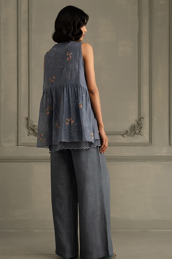 Stone Blue Linen Embroidered & Printed Co-Ord Set by Arcvsh by Pallavi Singh at Pernia's Pop Up Shop