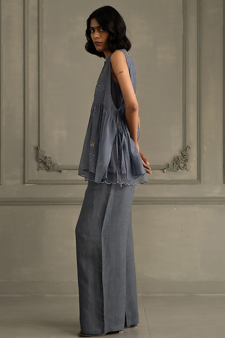Stone Blue Linen Embroidered & Printed Co-Ord Set by Arcvsh by Pallavi Singh at Pernia's Pop Up Shop