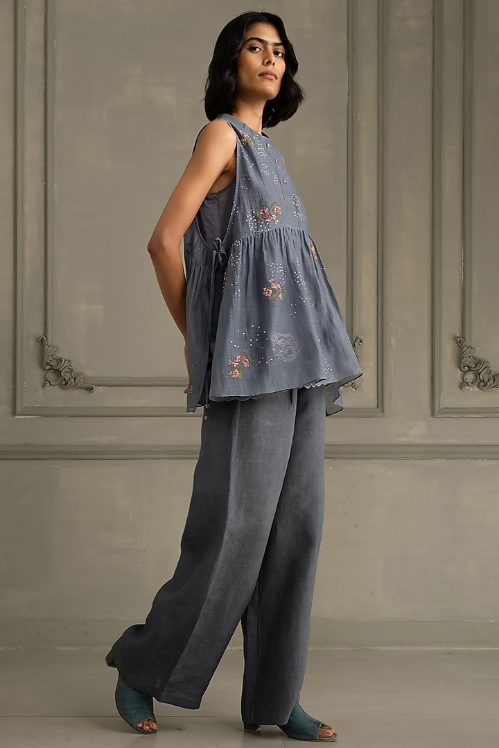 Stone Blue Linen Embroidered & Printed Co-Ord Set by Arcvsh by Pallavi Singh at Pernia's Pop Up Shop