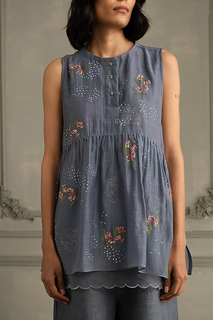 Stone Blue Linen Embroidered & Printed Co-Ord Set by Arcvsh by Pallavi Singh at Pernia's Pop Up Shop