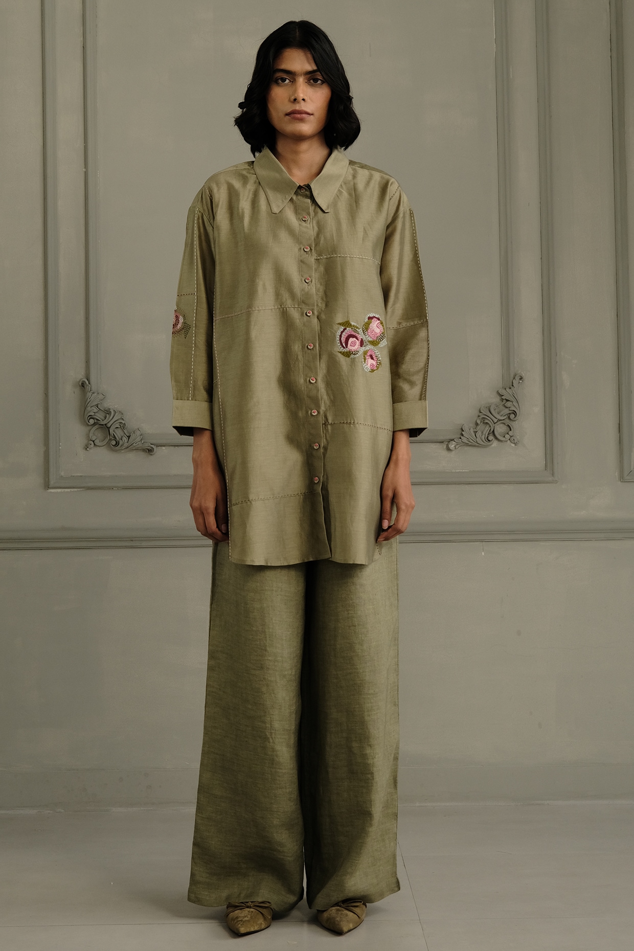 Arcvsh by Pallavi Singh Sage Green Silk Chanderi Embroidered Co-Ord Set