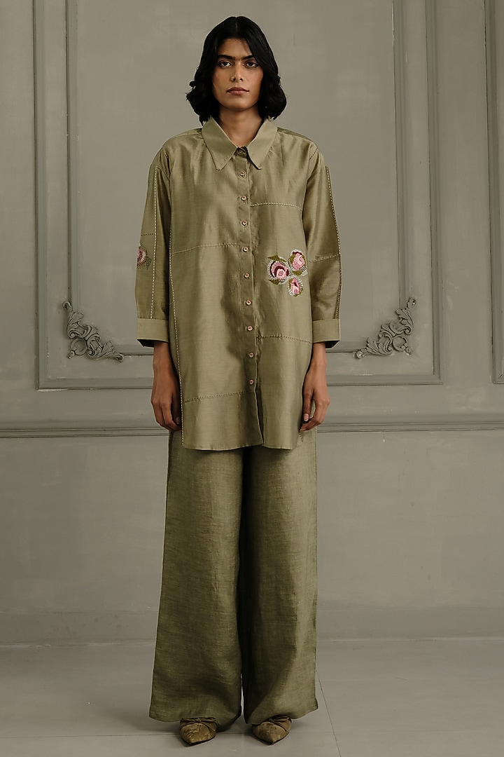 Sage Green Silk Chanderi Embroidered Co-Ord Set by Arcvsh by Pallavi Singh at Pernia's Pop Up Shop