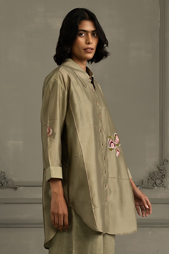 Sage Green Silk Chanderi Embroidered Co-Ord Set by Arcvsh by Pallavi Singh at Pernia's Pop Up Shop