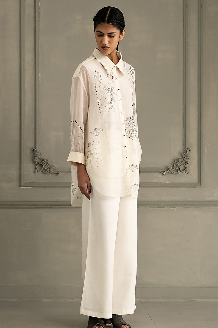 Ivory Mul Chanderi Embroidered & Printed Co-Ord Set by Arcvsh by Pallavi Singh at Pernia's Pop Up Shop