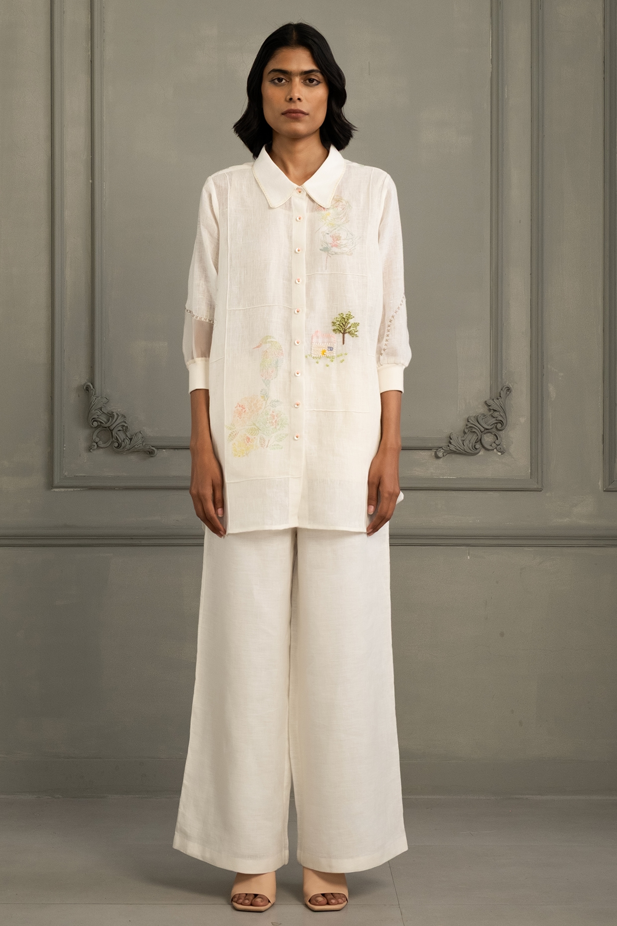 Arcvsh by Pallavi Singh Ivory Gauze Linen Embroidered & Printed Co-Ord Set