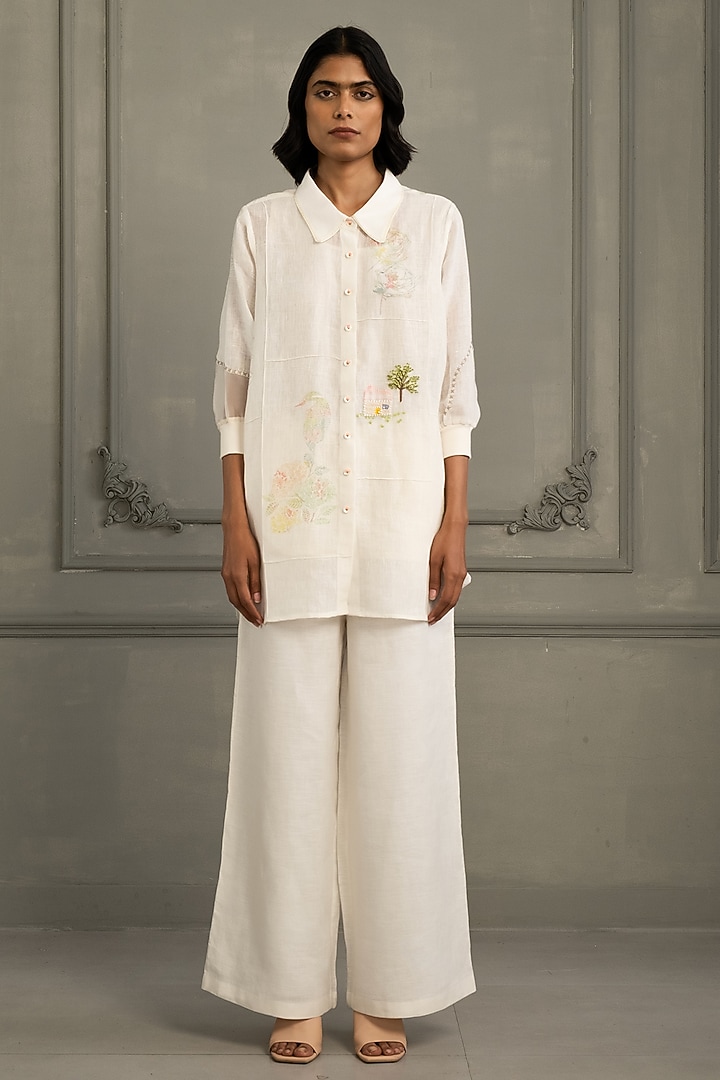 Ivory Gauze Linen Embroidered & Printed Co-Ord Set by Arcvsh by Pallavi Singh at Pernia's Pop Up Shop