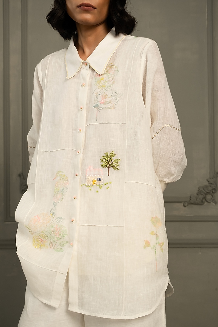 Ivory Gauze Linen Embroidered & Printed Co-Ord Set by Arcvsh by Pallavi Singh at Pernia's Pop Up Shop