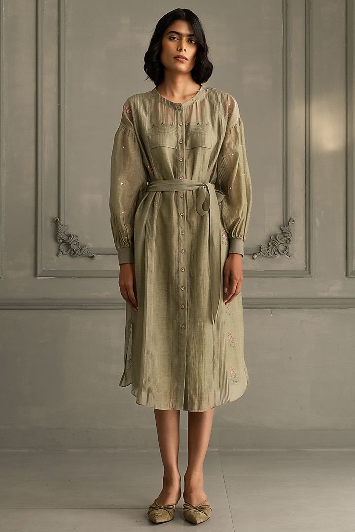 Sage Green Mul Chanderi Embroidered & Printed Vacation Dress by Arcvsh by Pallavi Singh at Pernia's Pop Up Shop