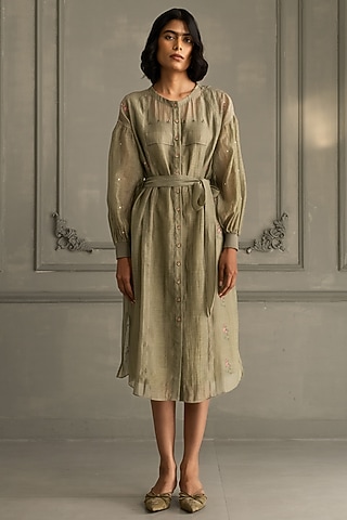 Sage Green Mul Chanderi Embroidered & Printed Dress by Arcvsh by Pallavi Singh