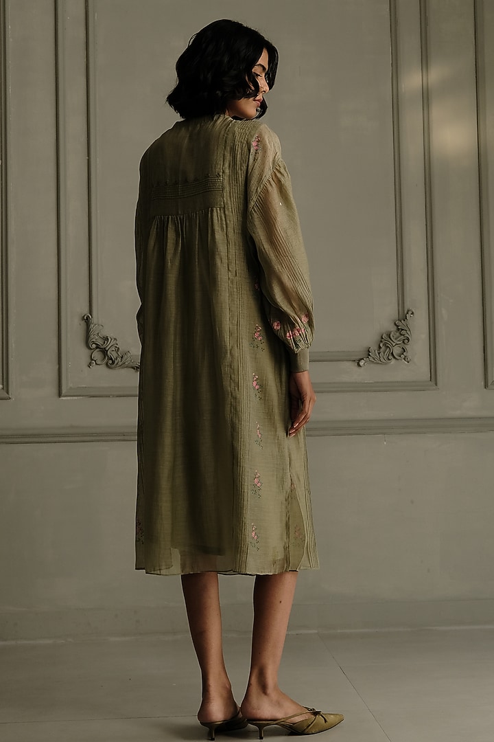 Sage Green Mul Chanderi Embroidered & Printed Vacation Dress by Arcvsh by Pallavi Singh at Pernia's Pop Up Shop