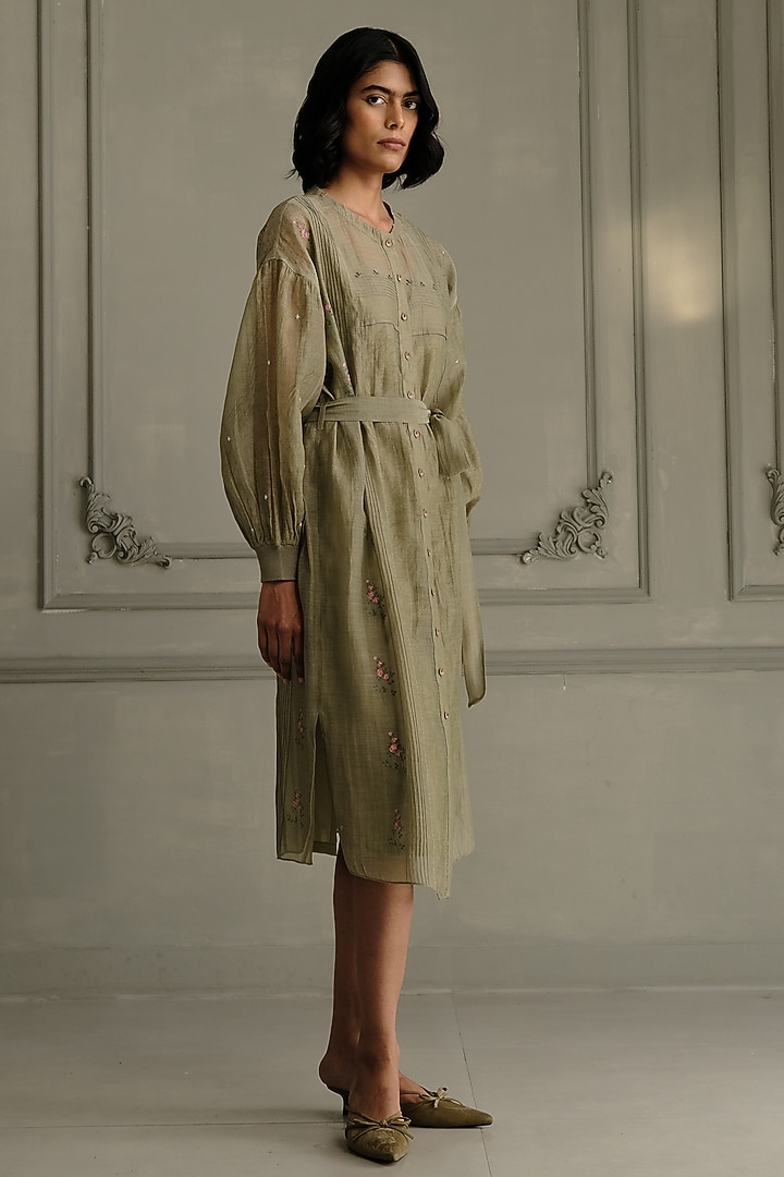 Sage Green Mul Chanderi Embroidered & Printed Vacation Dress by Arcvsh by Pallavi Singh at Pernia's Pop Up Shop