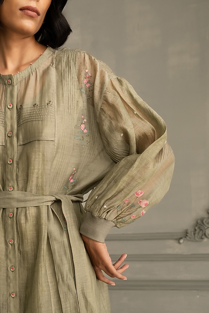 Sage Green Mul Chanderi Embroidered & Printed Vacation Dress by Arcvsh by Pallavi Singh at Pernia's Pop Up Shop