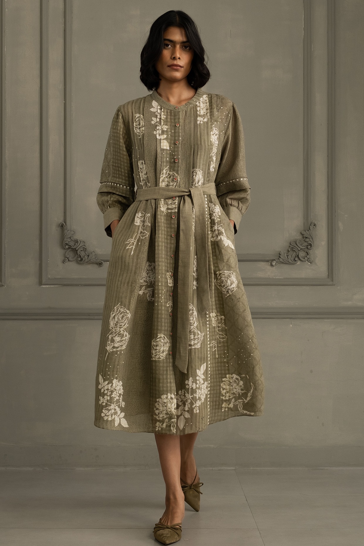 Arcvsh by Pallavi Singh Sage Green Gauze Linen Embroidered & Printed Dress