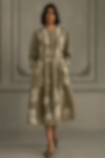 Sage Green Gauze Linen Embroidered & Printed Vacation Dress by Arcvsh by Pallavi Singh at Pernia's Pop Up Shop