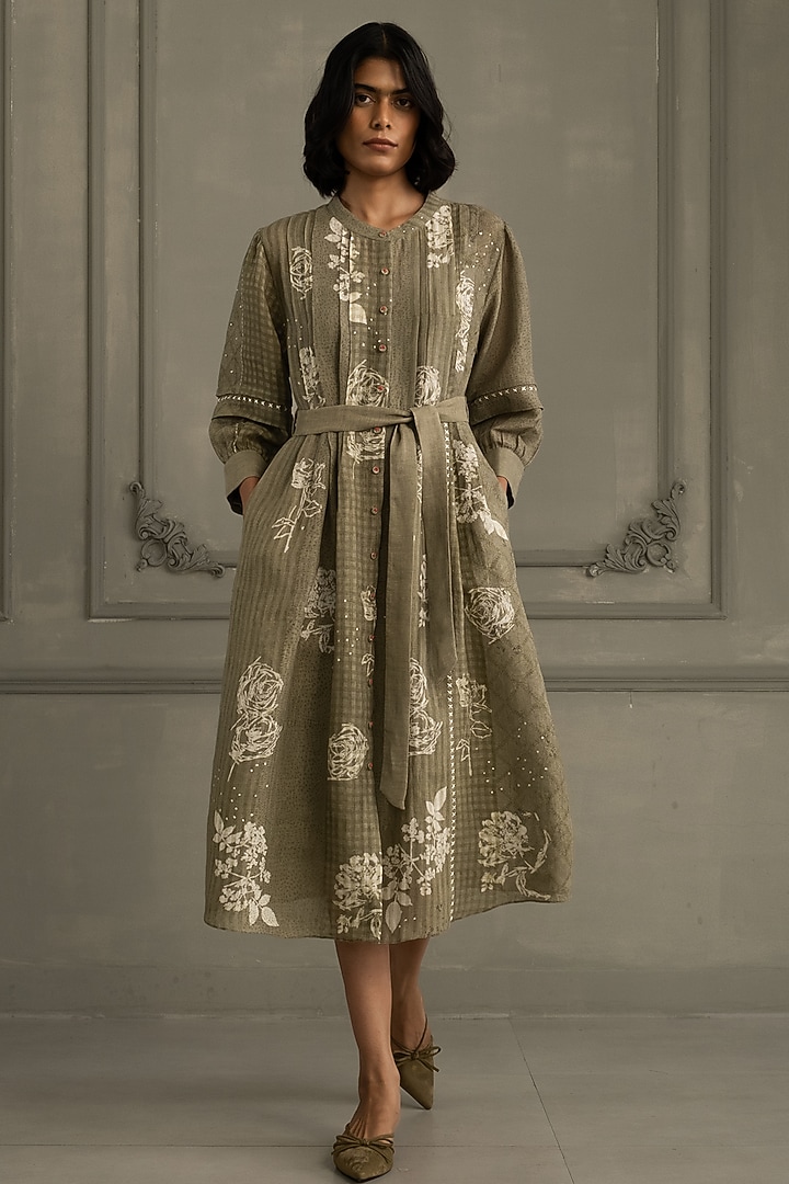 Sage Green Gauze Linen Embroidered & Printed Vacation Dress by Arcvsh by Pallavi Singh at Pernia's Pop Up Shop