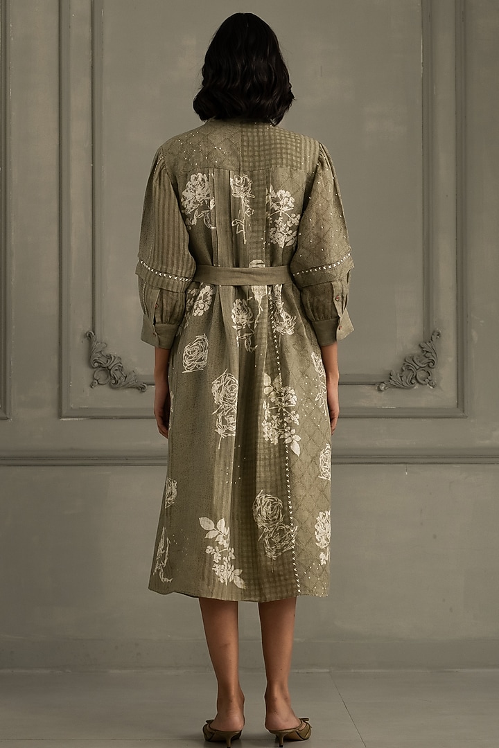 Sage Green Gauze Linen Embroidered & Printed Vacation Dress by Arcvsh by Pallavi Singh at Pernia's Pop Up Shop