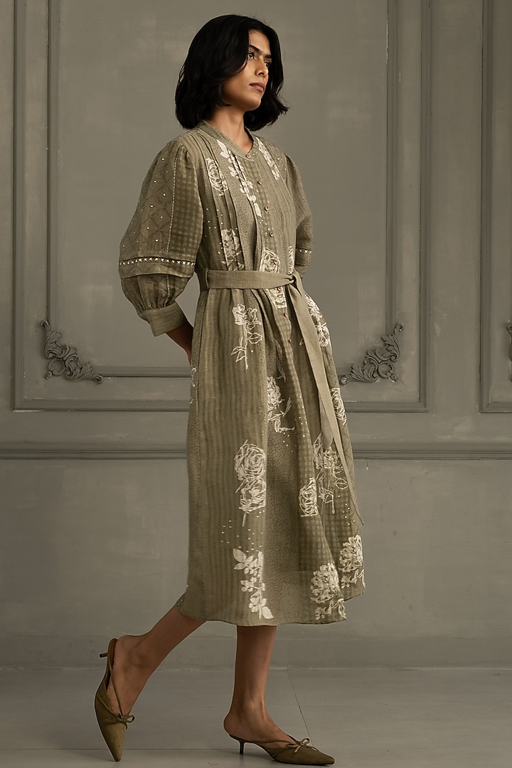 Sage Green Gauze Linen Embroidered & Printed Vacation Dress by Arcvsh by Pallavi Singh at Pernia's Pop Up Shop