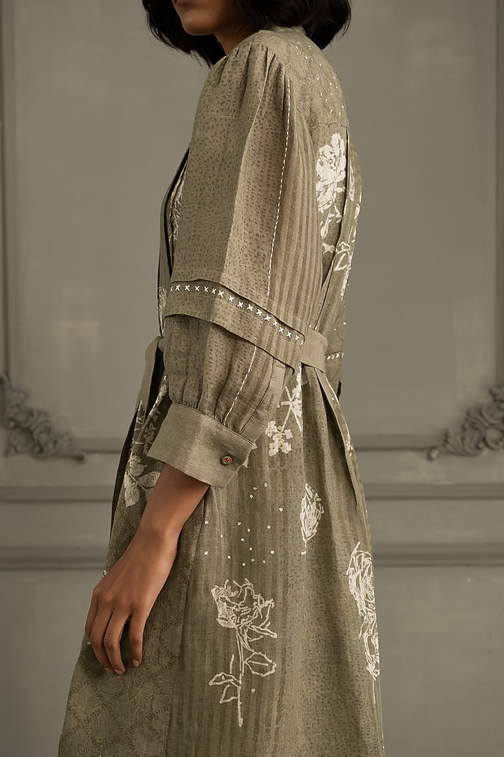 Sage Green Gauze Linen Embroidered & Printed Vacation Dress by Arcvsh by Pallavi Singh at Pernia's Pop Up Shop