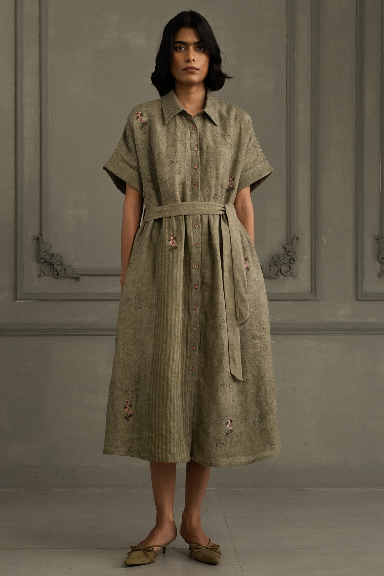 Arcvsh by Pallavi Singh Sage Green Gauze Linen Embroidered & Printed Dress