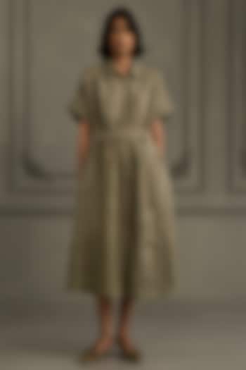 Sage Green Gauze Linen Embroidered & Printed Vacation Dress by Arcvsh by Pallavi Singh at Pernia's Pop Up Shop