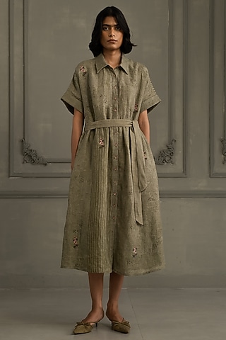 Sage Green Gauze Linen Embroidered & Printed Dress by Arcvsh by Pallavi Singh