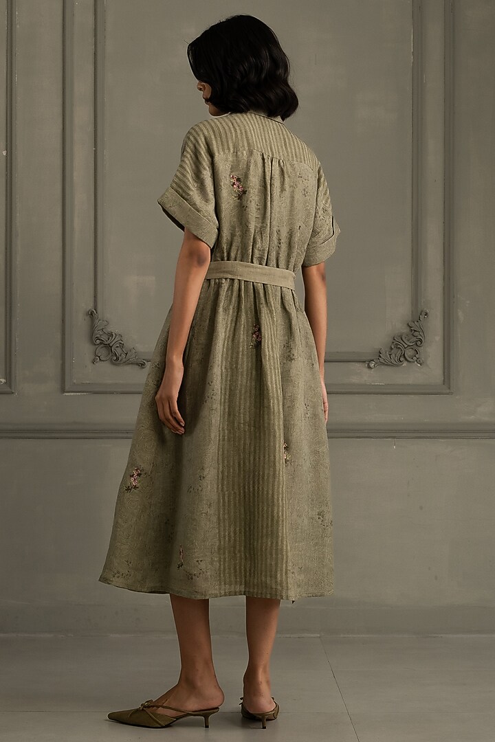 Sage Green Gauze Linen Embroidered & Printed Vacation Dress by Arcvsh by Pallavi Singh at Pernia's Pop Up Shop