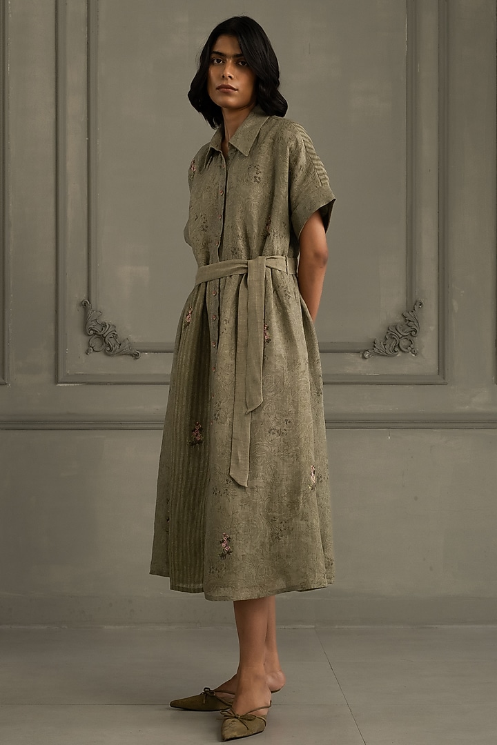 Sage Green Gauze Linen Embroidered & Printed Vacation Dress by Arcvsh by Pallavi Singh at Pernia's Pop Up Shop