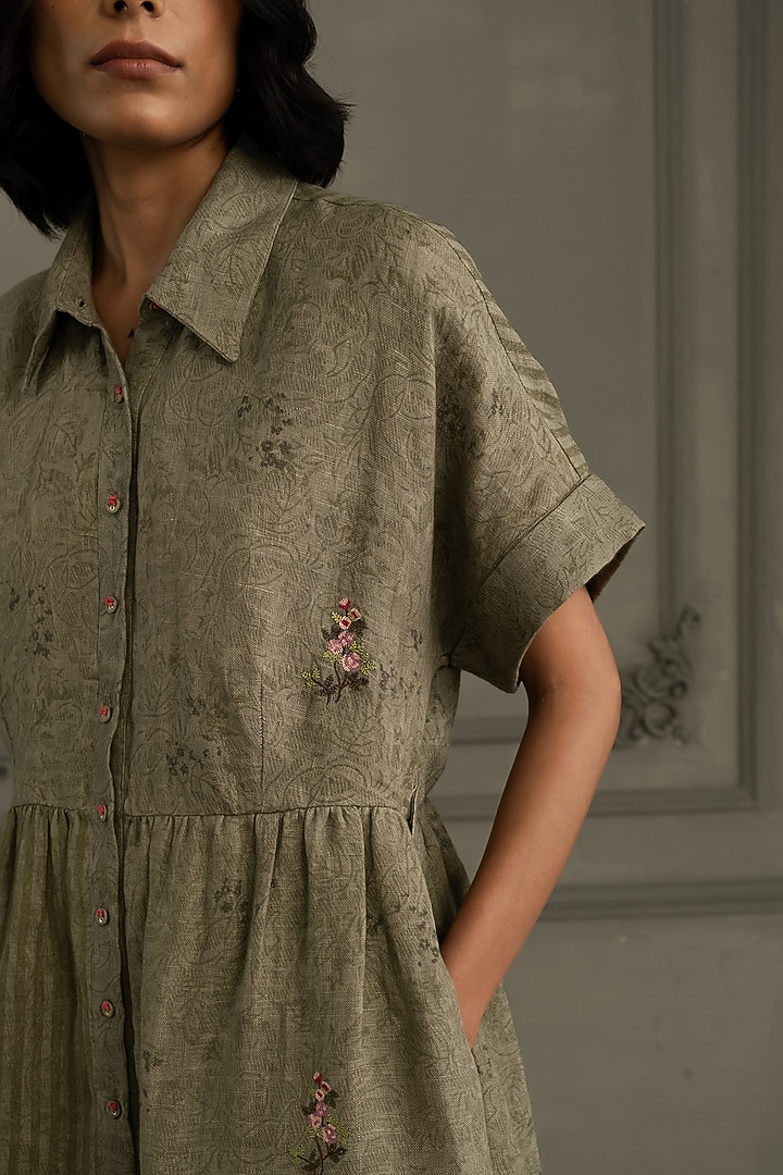 Sage Green Gauze Linen Embroidered & Printed Vacation Dress by Arcvsh by Pallavi Singh at Pernia's Pop Up Shop