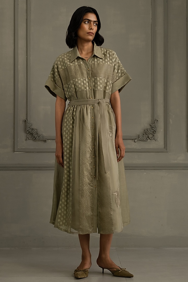 Sage Green Organza & Brocade Embroidered Vacation Dress by Arcvsh by Pallavi Singh at Pernia's Pop Up Shop