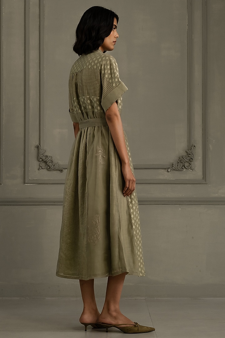Sage Green Organza & Brocade Embroidered Vacation Dress by Arcvsh by Pallavi Singh at Pernia's Pop Up Shop