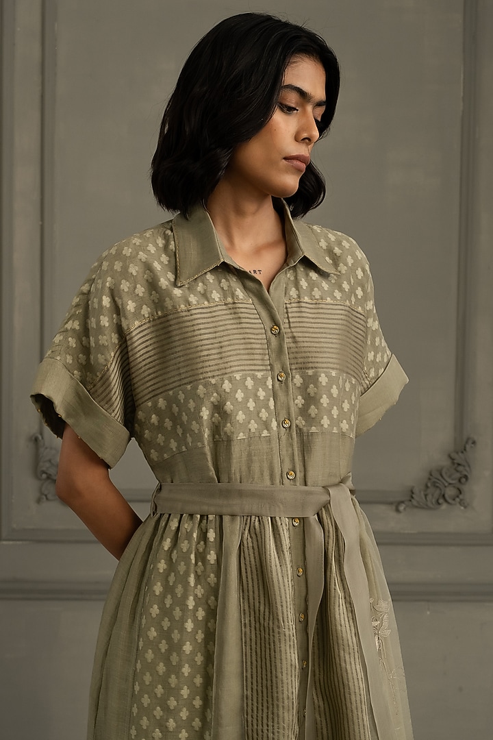 Sage Green Organza & Brocade Embroidered Vacation Dress by Arcvsh by Pallavi Singh at Pernia's Pop Up Shop