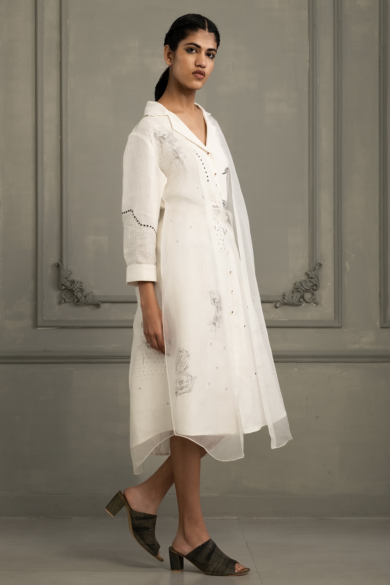 Arcvsh by Pallavi Singh Ivory Linen & Organza Embroidered Layered Dress