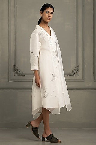 Ivory Linen & Organza Embroidered Layered Dress by Arcvsh by Pallavi Singh