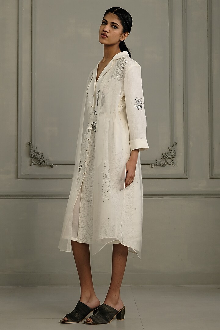 Ivory Linen & Organza Embroidered Layered Vacation Dress by Arcvsh by Pallavi Singh at Pernia's Pop Up Shop