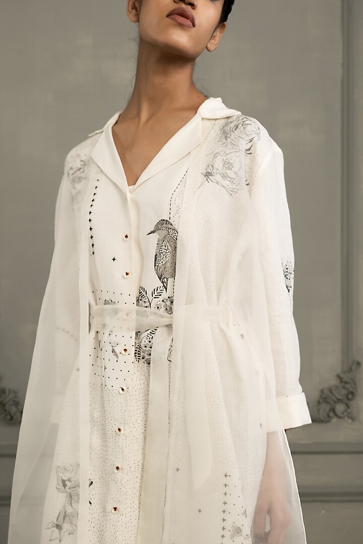 Ivory Linen & Organza Embroidered Layered Vacation Dress by Arcvsh by Pallavi Singh at Pernia's Pop Up Shop
