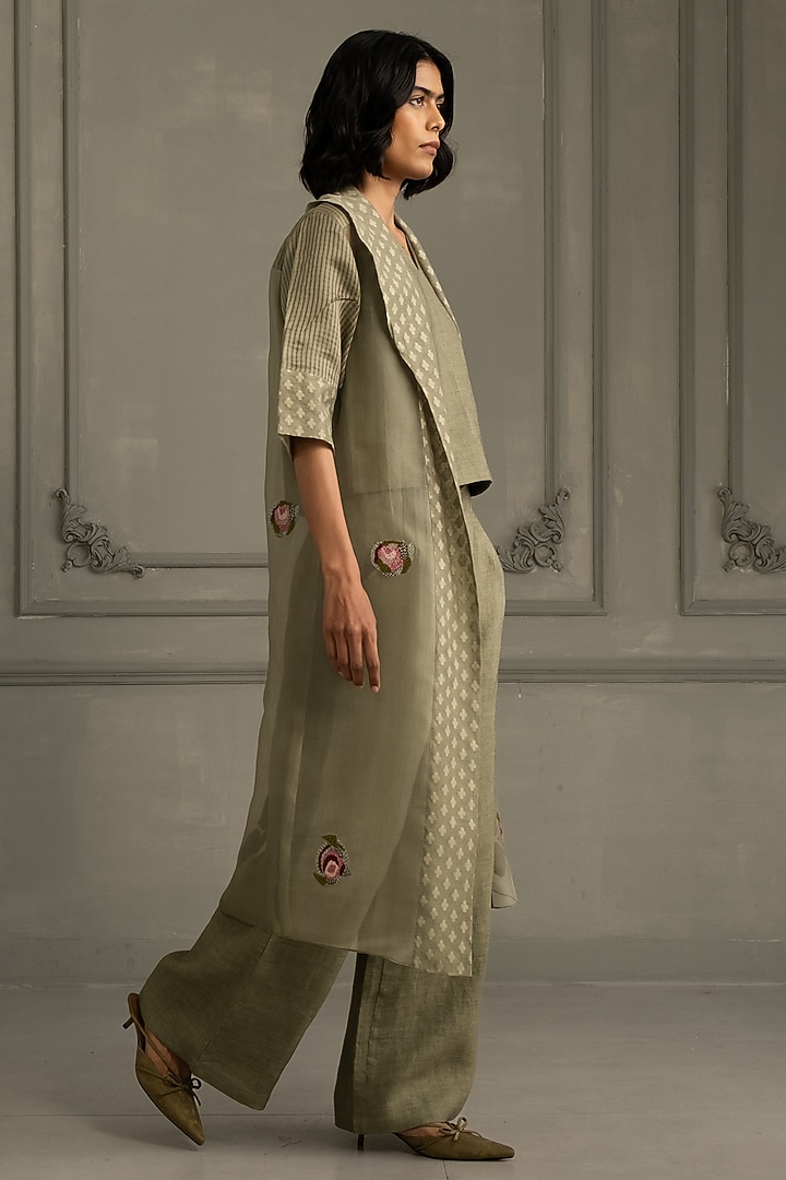 Sage Green Organza & Brocade Embroidered Jacket Set by Arcvsh by Pallavi Singh at Pernia's Pop Up Shop
