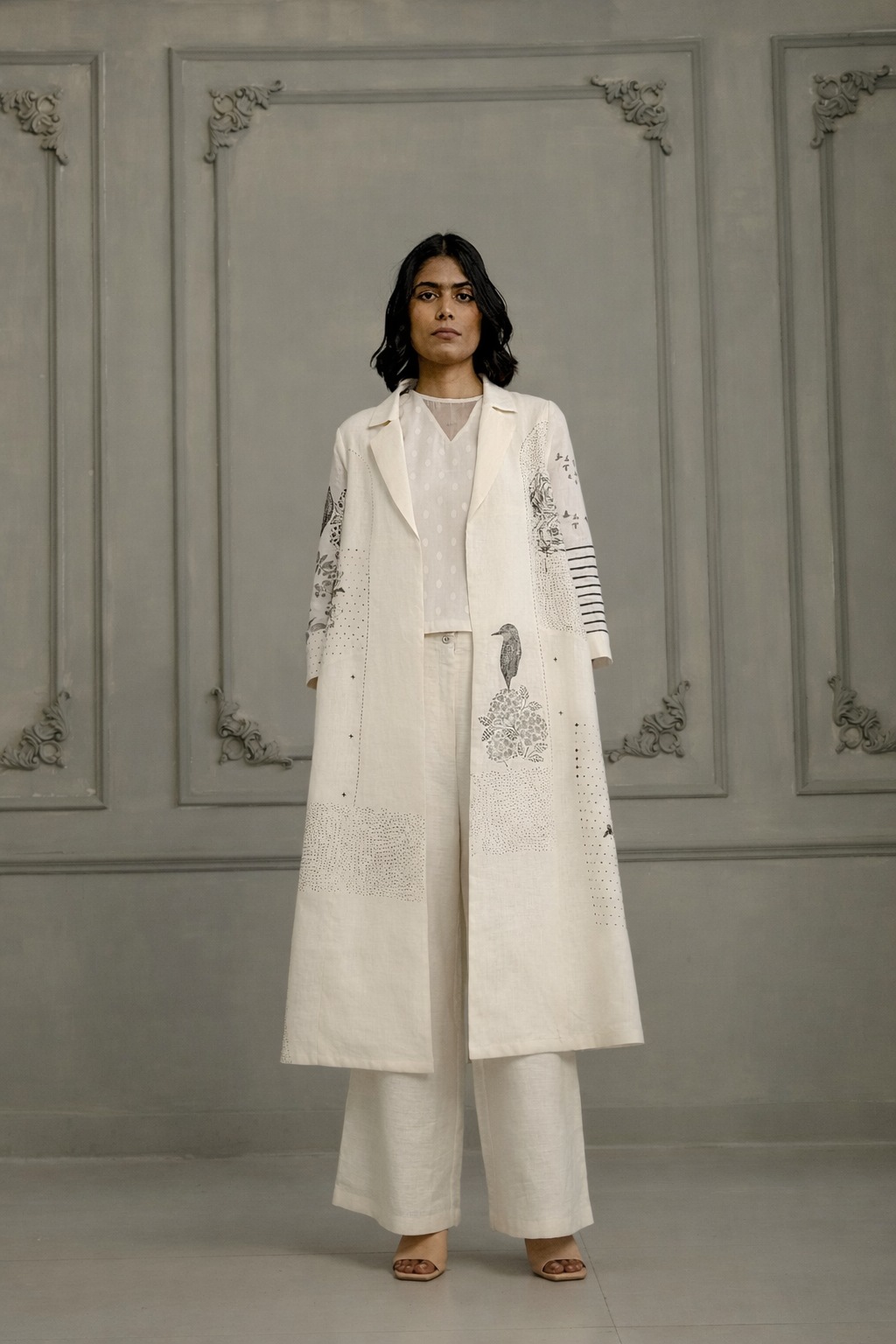Arcvsh by Pallavi Singh Ivory Organza & Cotton Linen Embroidered Jacket Set