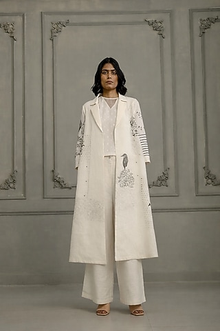 Ivory Organza & Cotton Linen Embroidered Jacket Set by Arcvsh by Pallavi Singh