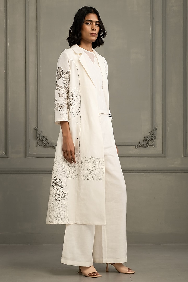 Ivory Organza & Cotton Linen Embroidered Jacket Set by Arcvsh by Pallavi Singh at Pernia's Pop Up Shop