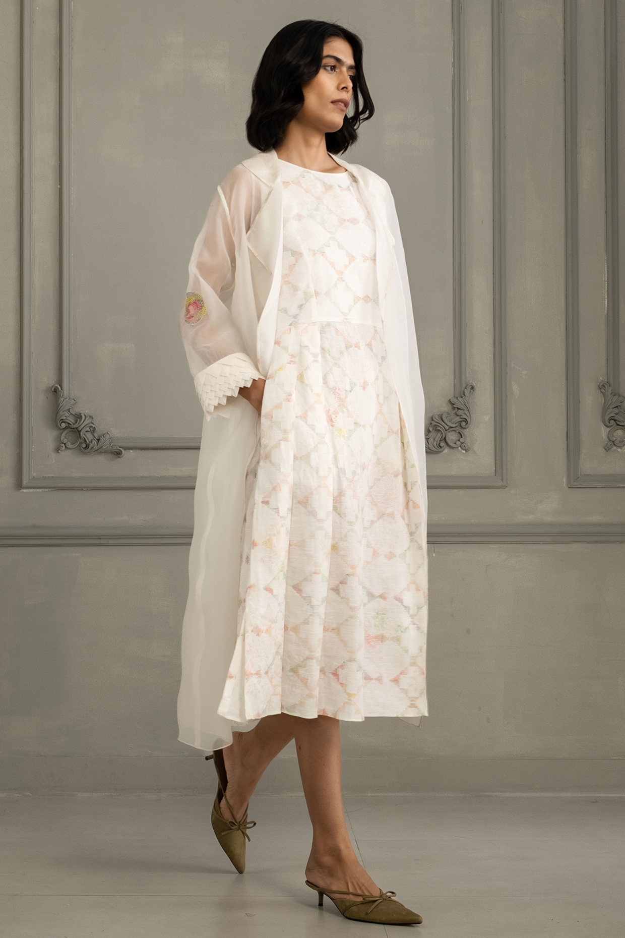 Arcvsh by Pallavi Singh Ivory Organza & Silk Chanderi Embroidered Jacket Dress