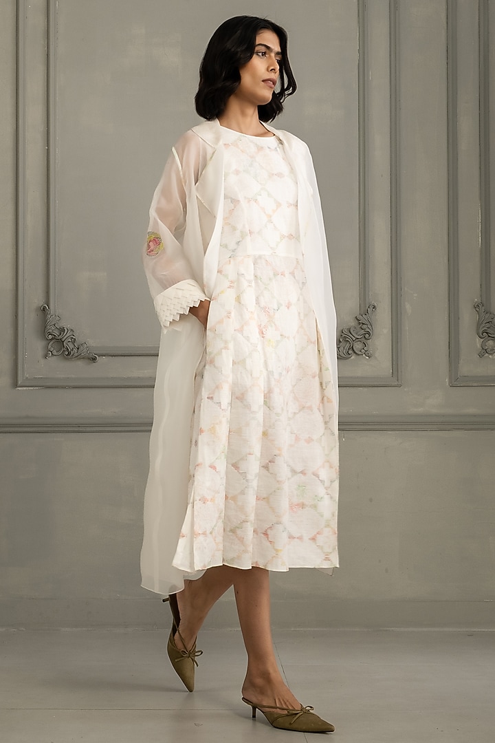 Ivory Organza & Silk Chanderi Embroidered Jacket Vacation Dress by Arcvsh by Pallavi Singh at Pernia's Pop Up Shop