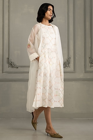Ivory Organza & Silk Chanderi Embroidered Jacket Dress by Arcvsh by Pallavi Singh