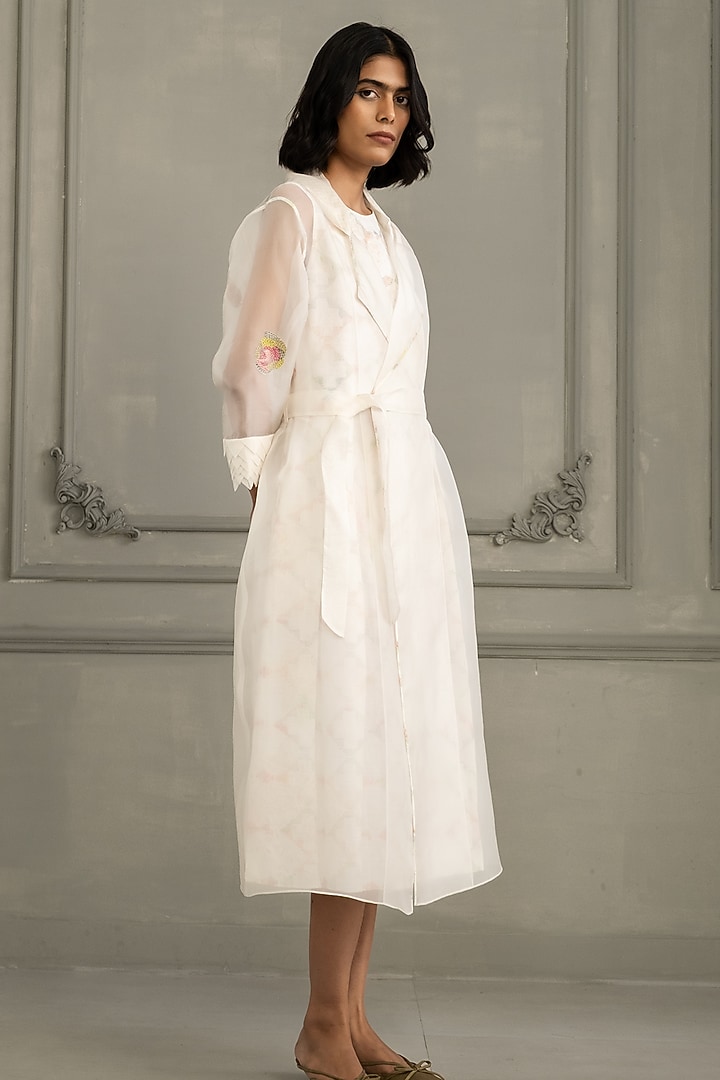 Ivory Organza & Silk Chanderi Embroidered Jacket Vacation Dress by Arcvsh by Pallavi Singh at Pernia's Pop Up Shop