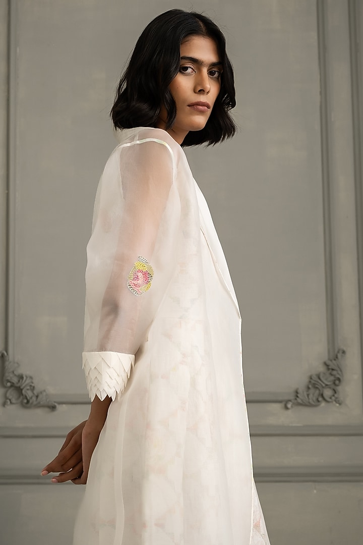 Ivory Organza & Silk Chanderi Embroidered Jacket Vacation Dress by Arcvsh by Pallavi Singh at Pernia's Pop Up Shop