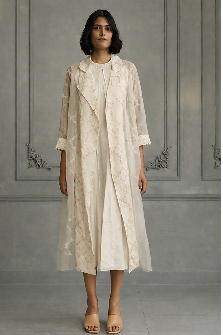 Ivory Organza Embroidered Jacket Vacation Dress by Arcvsh by Pallavi Singh at Pernia's Pop Up Shop